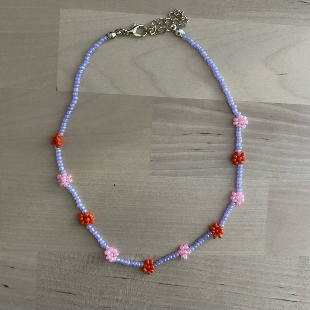 Handmade purple flower beaded necklace